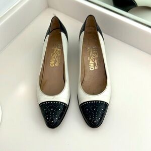 Classic Ferragamo, spectator pumps, navy, and white 8AA. Low heels